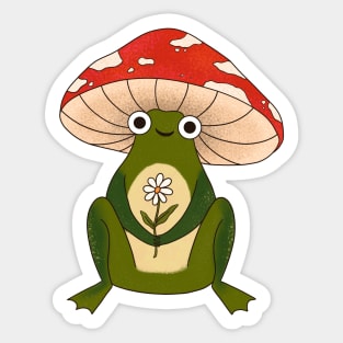 Cute Frog With a Mushroom Hat and a White Daisy Flower Cottage Sticker